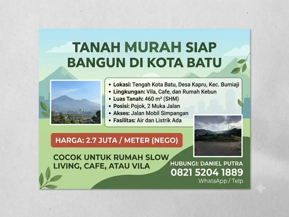 Investasi Properti Batu! Dijual Tanah Hook Siap Bangun 460m² di Lingkungan Vila & Cafe Bumiaji