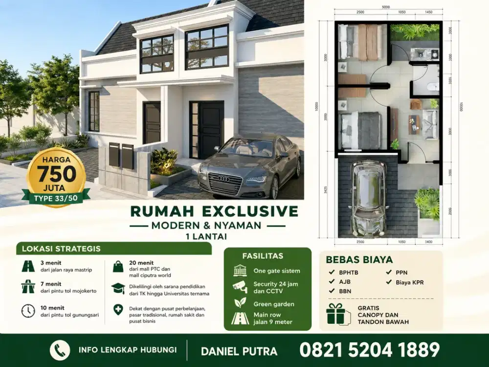 Rumah Exclusive Type 33/50 Rp 750 Juta | 3 Menit Raya Mastrip & Free Semua Biaya + Canopy
