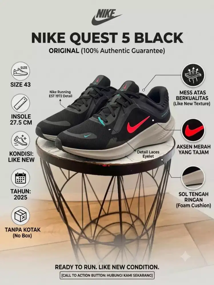 NIKE Running Quest 5 like new Original size 43 insole 27,5