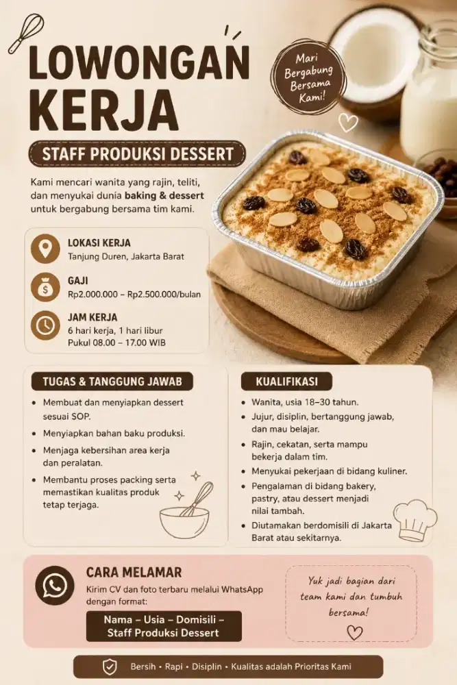 LOWONGAN KERJA STAFF PRODUKSI DESSERT