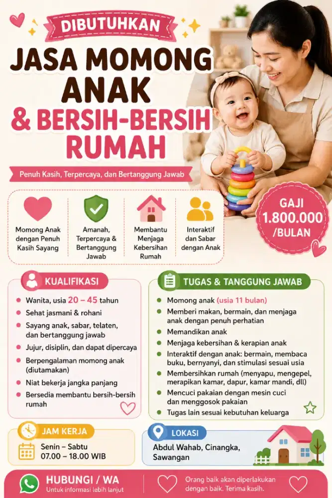 DICARI PENGASUH ANAK SEKALIAN BERSIH BERSIH PEKERJAAN RUMAH