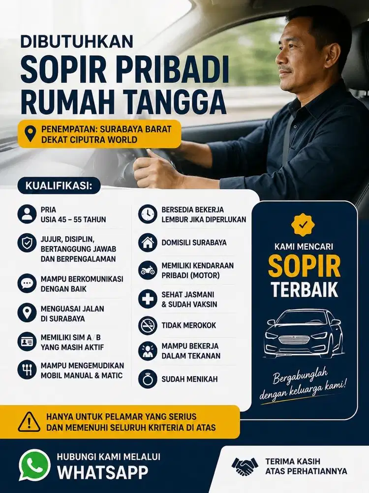 DIBUTUHKAN SOPIR PRIBADI RUMAH TANGGA SURABAYA