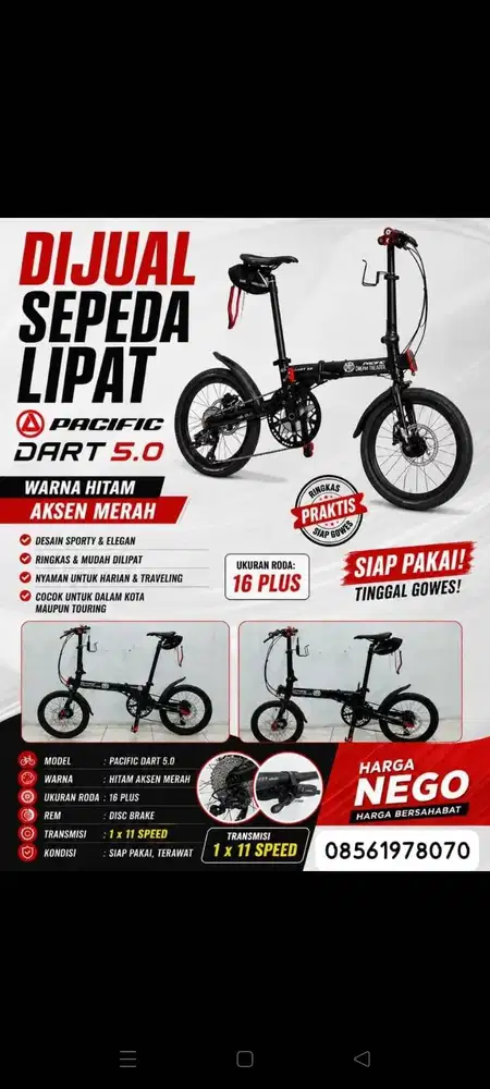DIJUAL CEPAT SEPEDA LIPAT PACIFIC DART 5.0 WARNA HITAM AKSEN MERAH