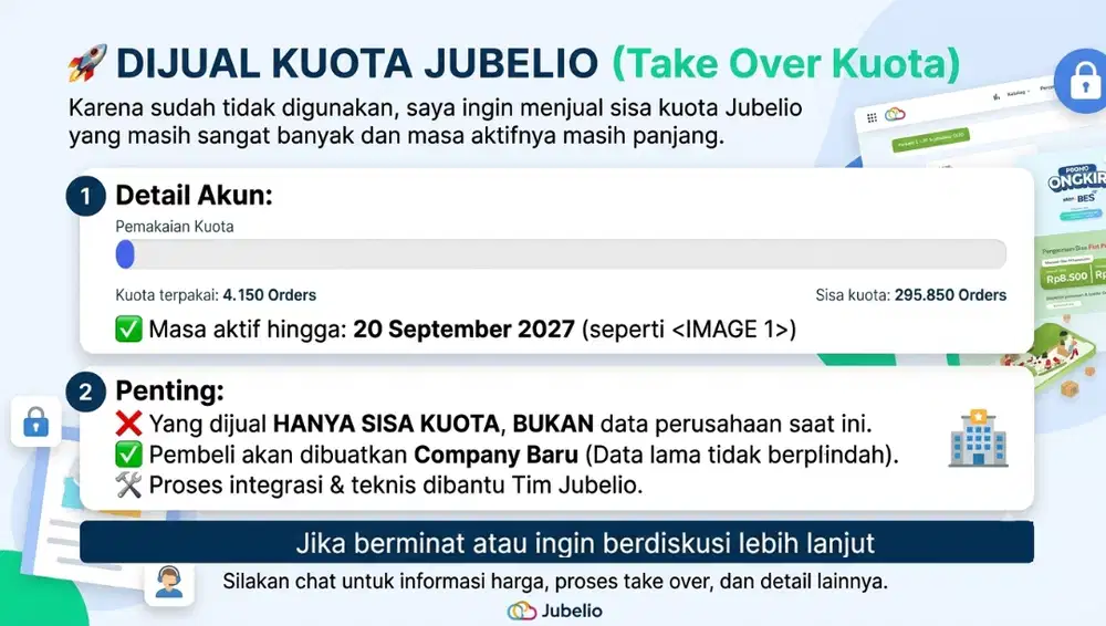 For Real!!! Take Over Kuota Jubelio Murah | Sisa 295.850 Orders | Akti