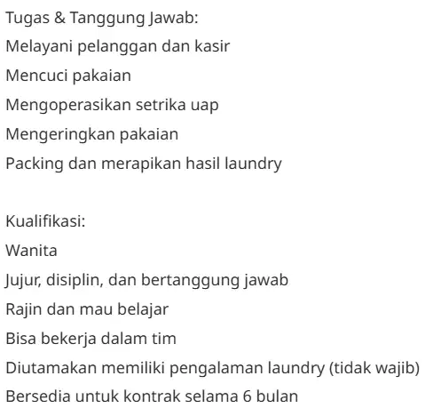 LOWONGAN KERJA CREW LAUNDRY (SUMMARECON SERPONG) - URGENT!