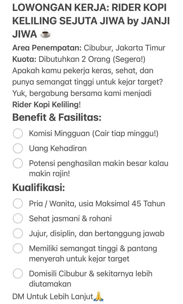 Lowongan Kerja Rider Kopi Keliling
