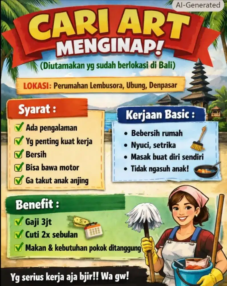dicari ART ( asisten / pembantu tumah tangga )