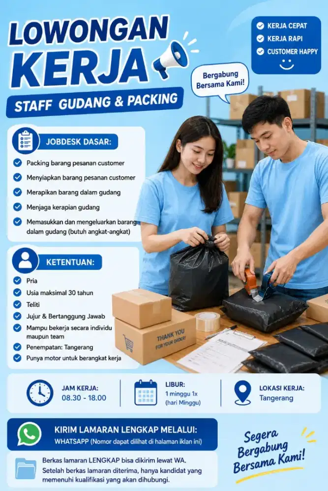 Dibutuhkan Segera Staff Gudang dan Packing
