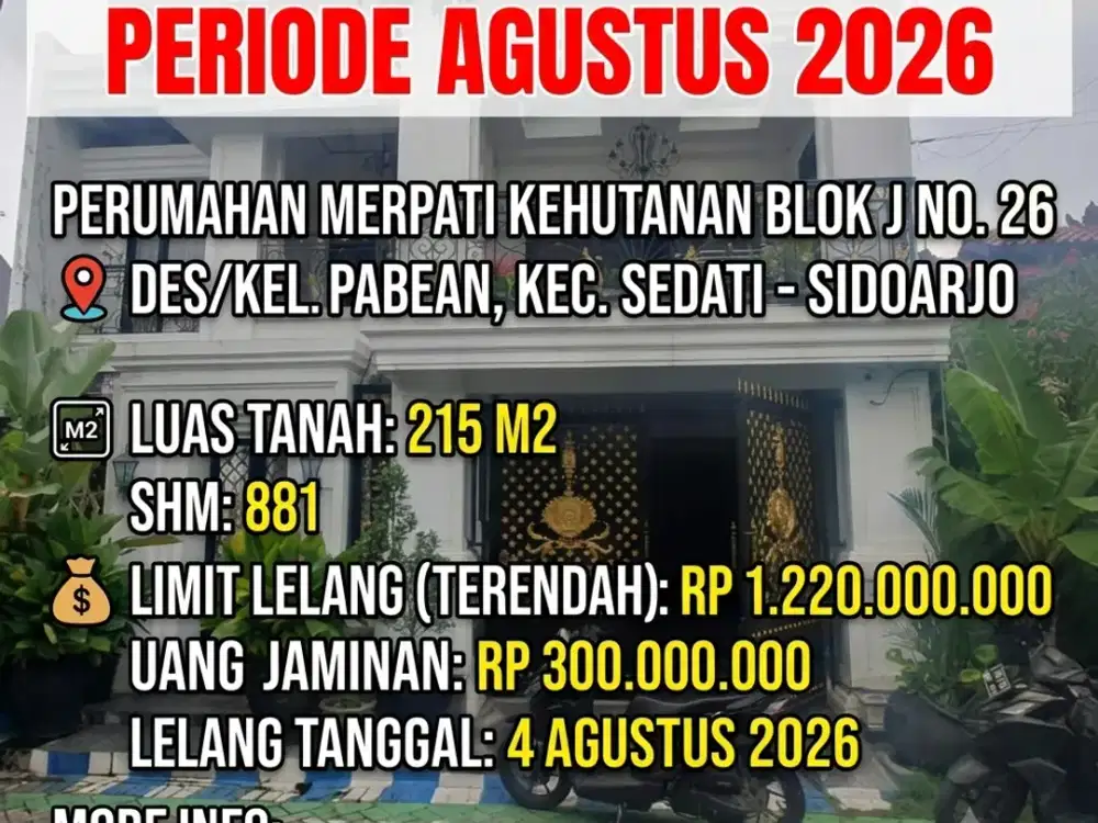 LUAS 215M2!! DIJUAL RUMAH VIA LELANG DI SEDATI SIDOARJO (PERUM MERPATI KEHUTANAN) – DEKAT KE BANDARA JUANDA