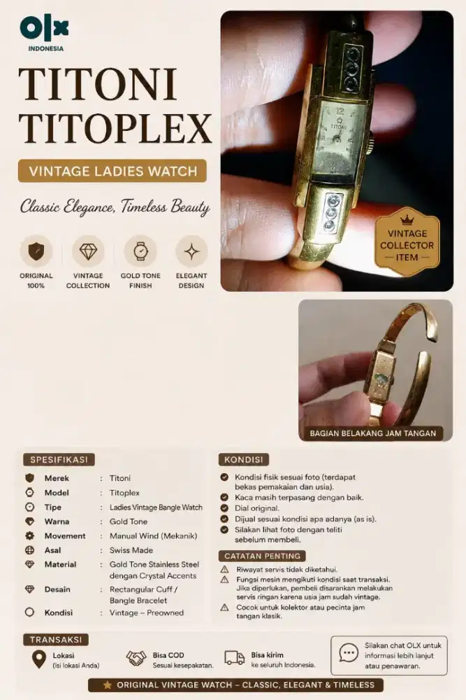 Jual Jam Tangan Vintage Titoni Titoplex Wanita Buatan Swiss (Nego)