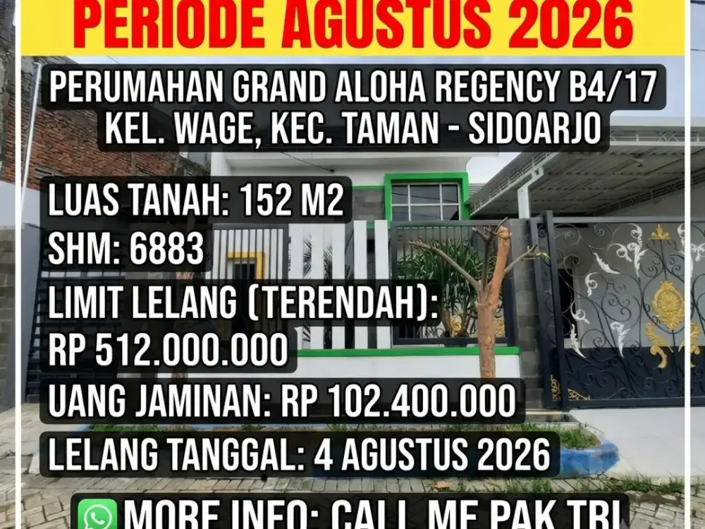 LUAS 152M2!! DIJUAL RUMAH VIA LELANG DI WAGE ALOHA SIDOARJO (PERUM GRAND ALOHA REGENCY)