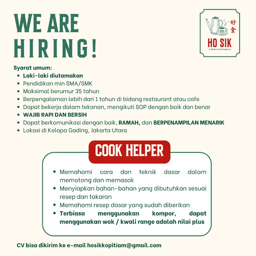 DIBUTUHKAN SEGERA COOK HELPER