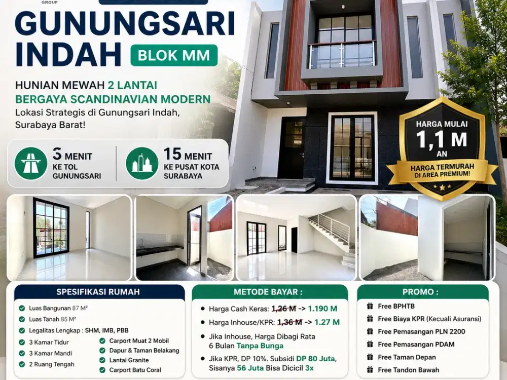 SIAP HUNI HANYA 3 MENIT KE TOL GUNUNGSARI!! RUMAH 2 LANTAI DI PERUMAHAN GUNUNGSARI INDAH SURABAYA