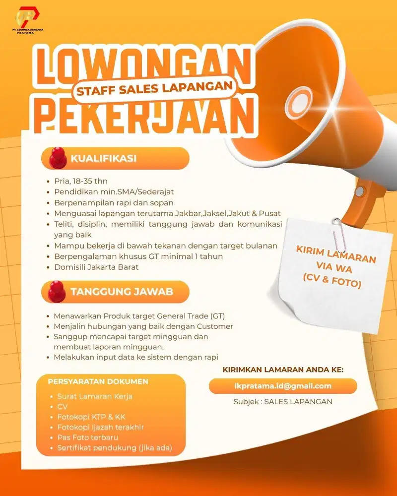 Dibutuhkan Sales Lapangan GT