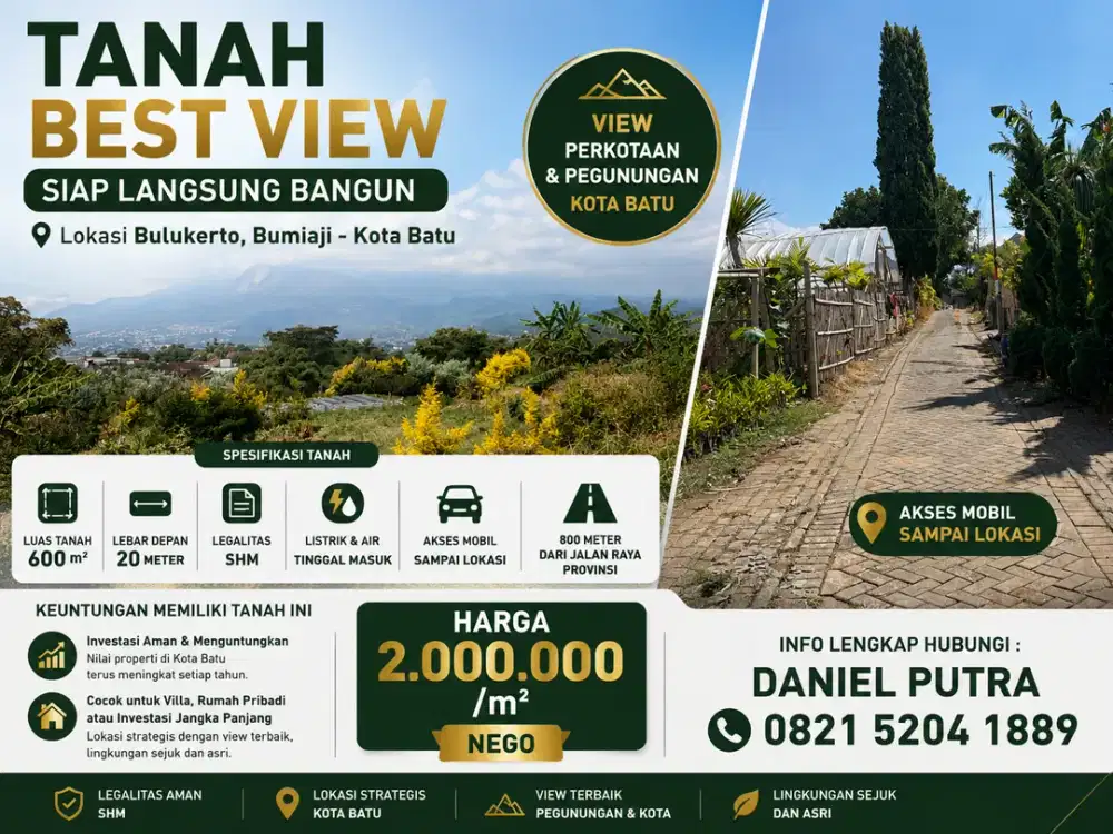 DIJUAL TANAH VIEW BAGUS LOKASI BUMIAJI. AKSES MOBIL KOTA BATU