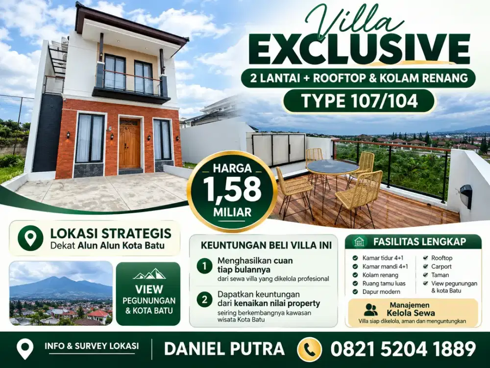 Villa Luxury 2 Lantai + Rooftop & Private Pool Dekat alun - alun kota Batu – Auto Cuan
