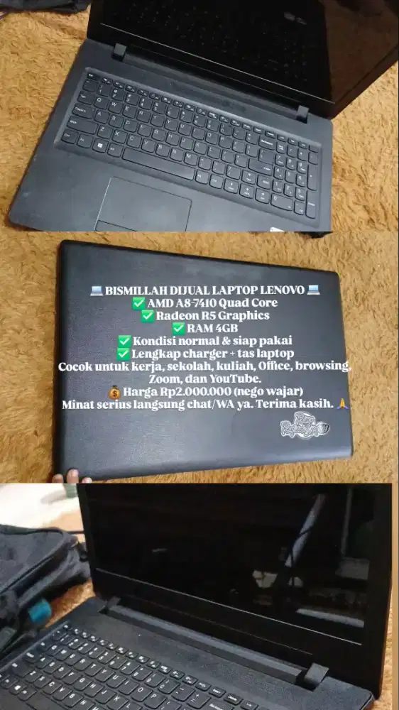 Laptop Lenovo AMD A8-7410 RAM 4GB Lengkap Charger & Tas (NEGO WAJAR)