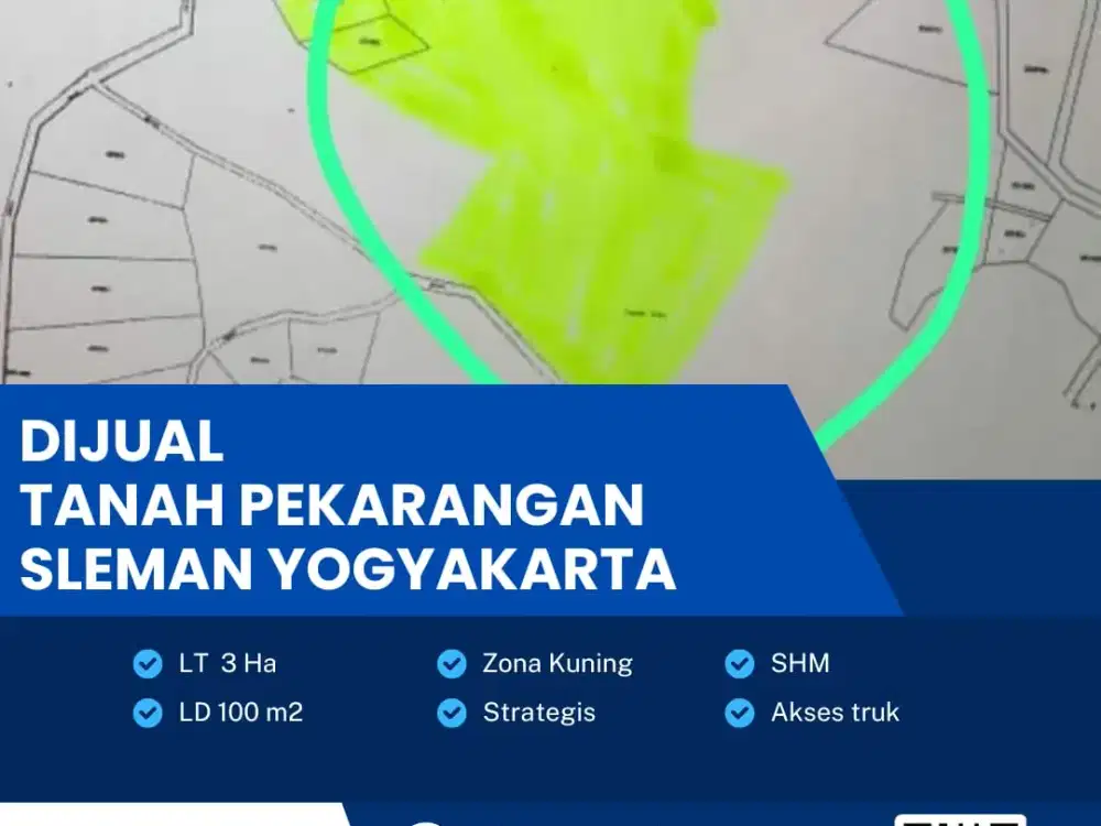 Dijual Tanah Pekarangan Zona Kuning Lokasi Strategis Sleman,Yogyakarta Luas 3 Hektar
