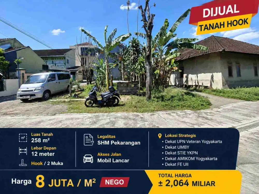 Tanah Hook Dijual Seturan Raya Dekat UPN AMIKOM UII SHM 258 m² Harga Nego