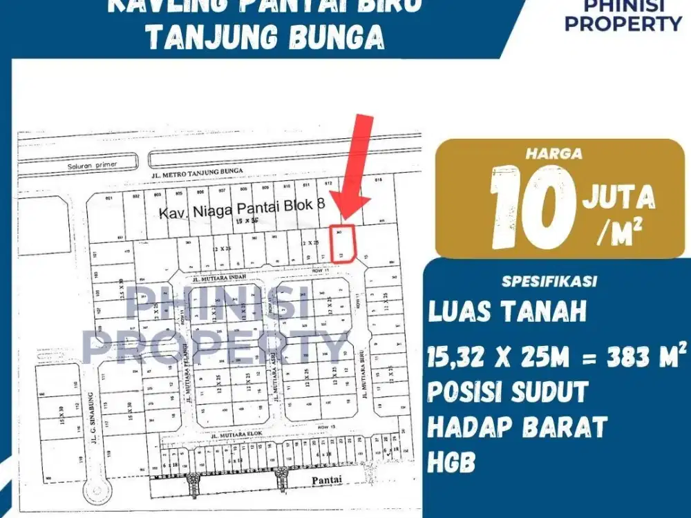 DIJUAL Kavling sudut di Pantai Biru Tanjung Bunga