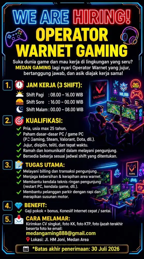 LOKER OPERATOR WARNET MEDAN AGUSTUS 2026