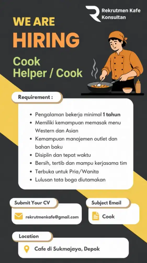 Dicari Cook Helper/Cook segera.