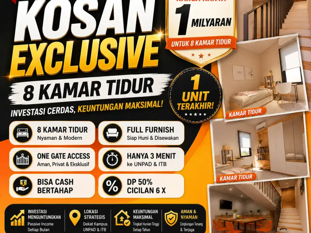 Dijual Unit Terakhir Rumah Kost Jatinangor Untuk 8 Kamar Tidur sudah full furnish income ratusan juta