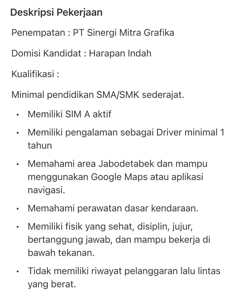 Driver Pribadi dan operasional
