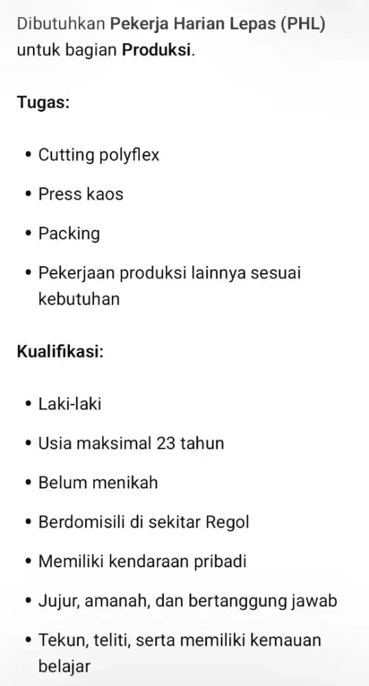 Dibutuhkan yang mau kerja