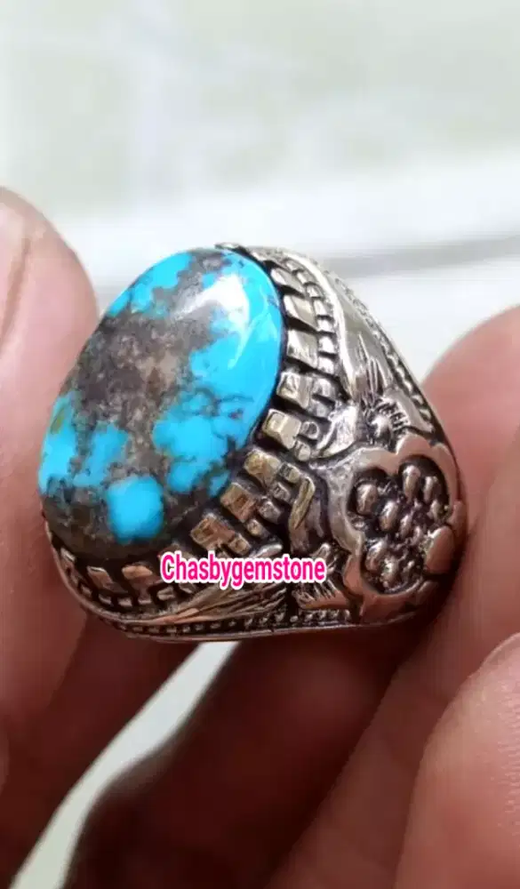 Natural Pirus Persia biru fancy-Cincin Batu Pirus Persia serat kura