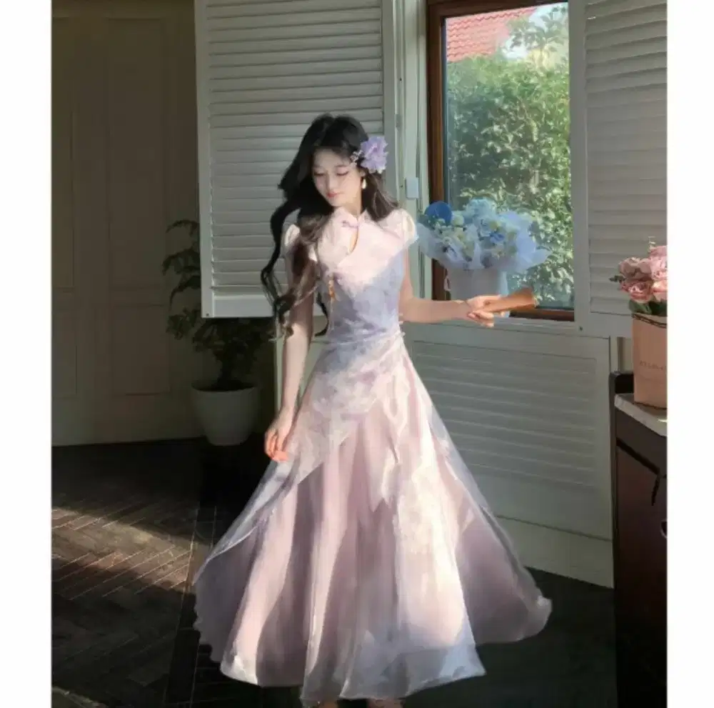 Gaun Cheongsam Wanita Jumbo Vintage Panjang dengan Rok Tulle