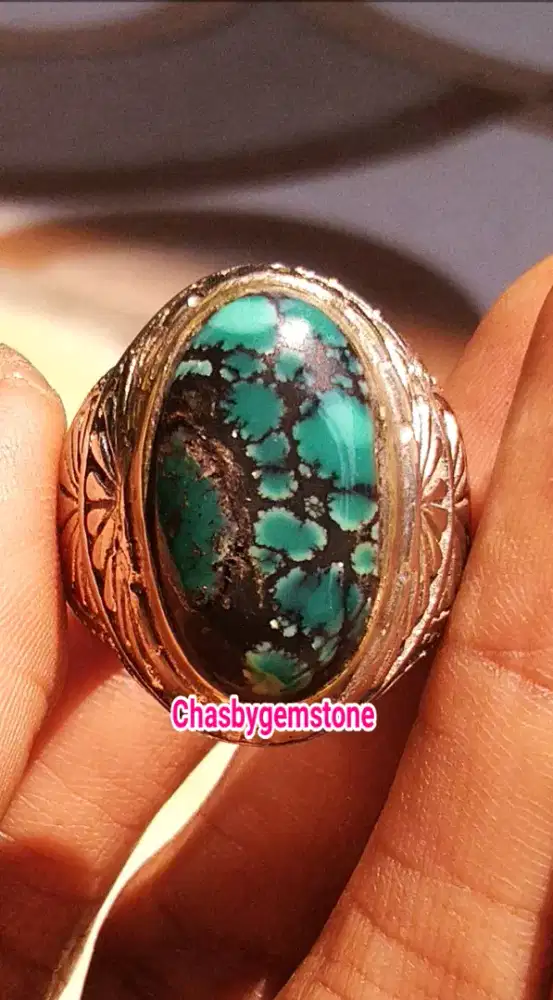 Cincin Batu Pirus Persia serat jala-Pirus Persia hijau tosca urat mera