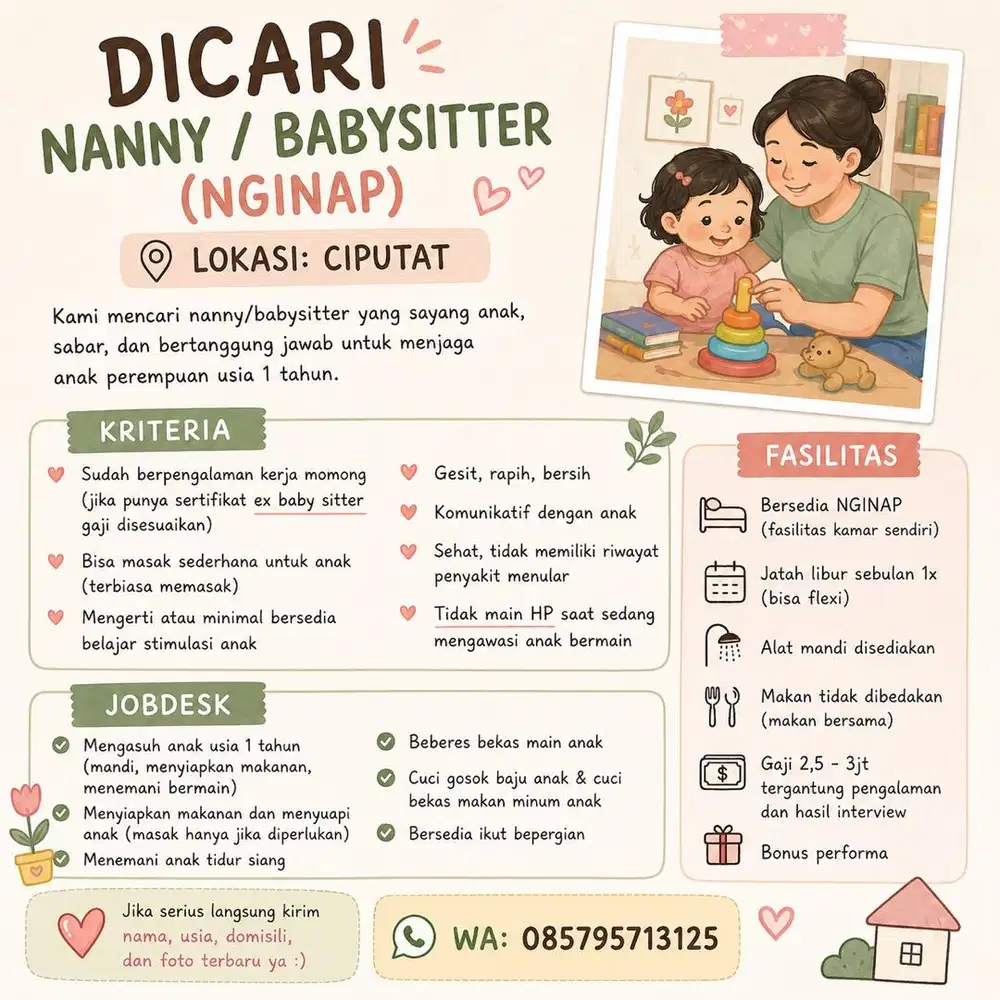 Dicari Nanny / Babysitter Nginap Ciputat