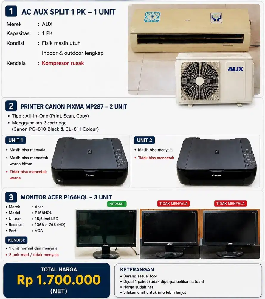 Dijual AC, Monitor, dan Printer Bekas