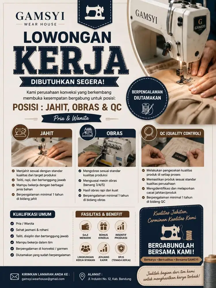 Lowongan jahit berpengalaman