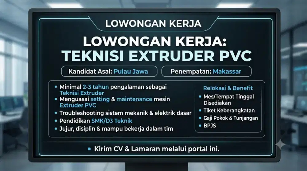 ​[LOWONGAN KERJA: TEKNISI EXTRUDER PVC – PENEMPATAN MAKASSAR]