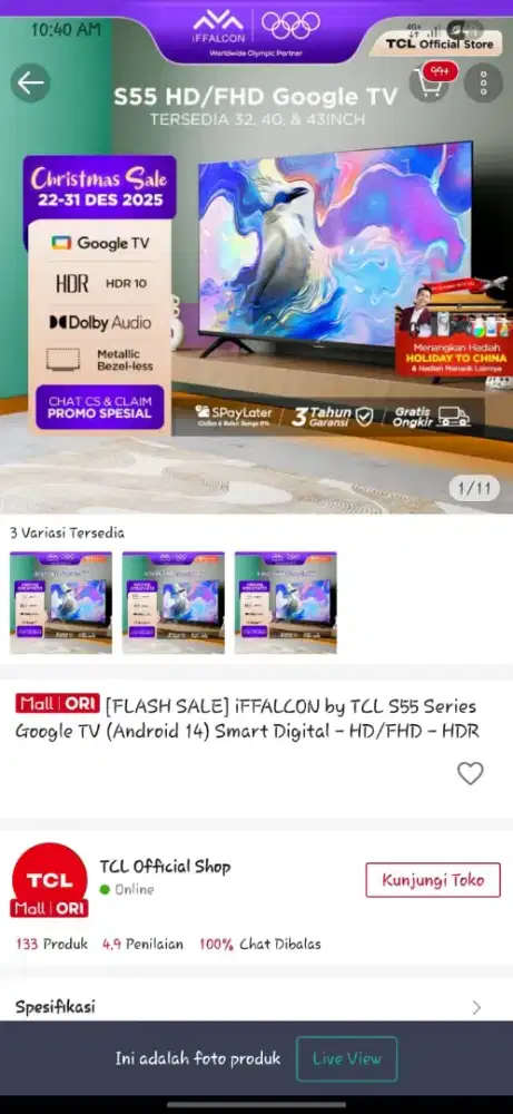 Dijual smart google TV Iffalcon by TCL 32 in