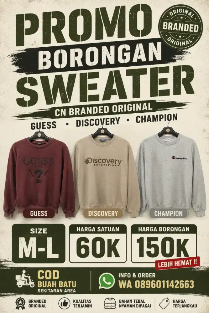 Jual Borong Hemat Sweater CN Ori Branded Size M-L Modis Casual Keren