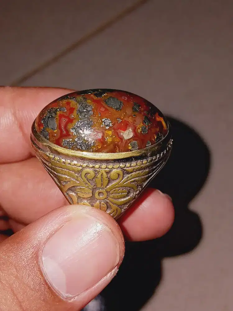 CINCIN BATU PANCA WARNA BADAR PERAK JUMBO RING ALPAKA UKIR BATIK