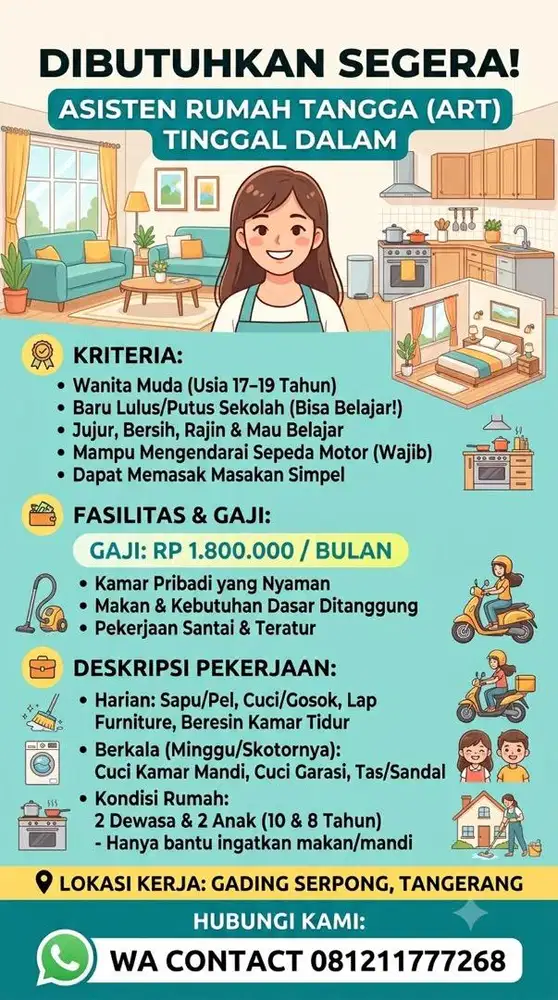 Lowongan Asisten Rumah Tangga (ART) Menginap