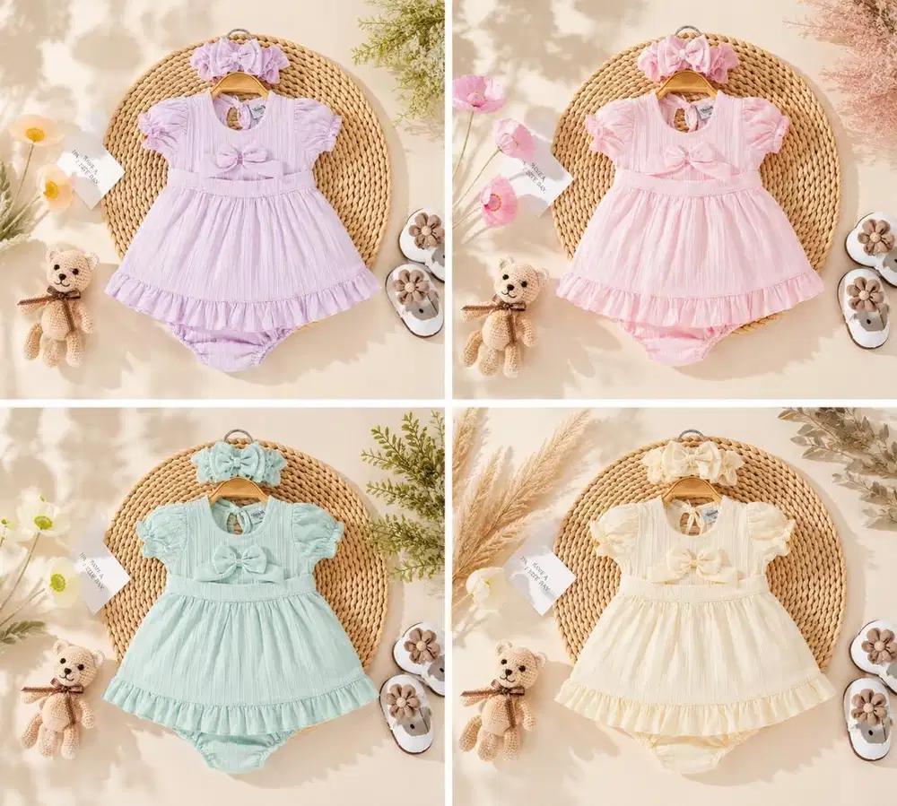 Baju Bayi Perempuan Set 3in1 Katun Premium Atasan Celana dan Headband