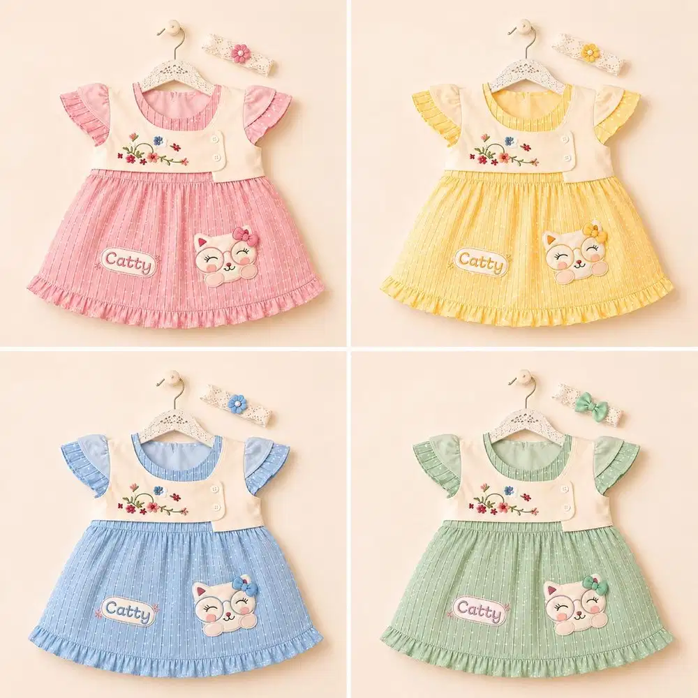 Baju Bayi Perempuan Setelan Katun Premium Motif Kucing Bordir Bunga