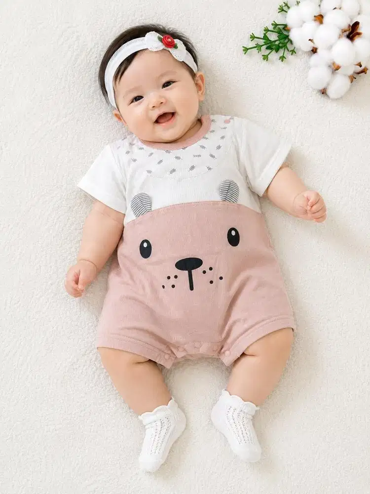 Jumpsuit Bayi Katun Premium Motif Beruang Lucu Lengan Pendek