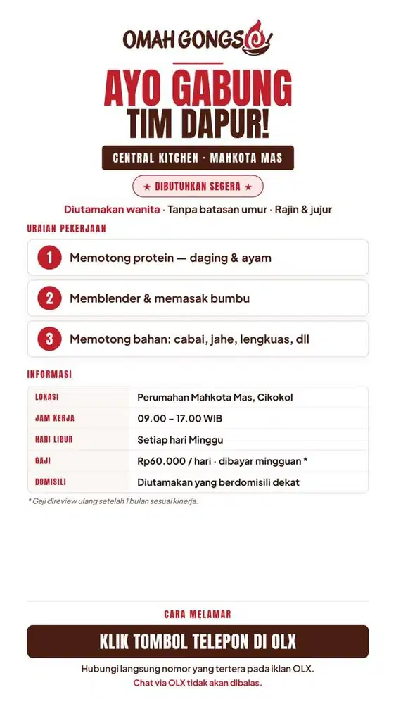 Lowongan Tim Produksi Dapur (Wanita) - Central Kitchen Mahkota Mas