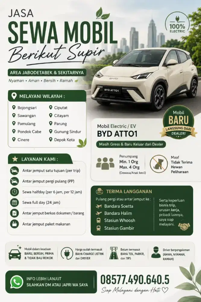 Sewa Mobil Listrik BYD Atto1 + Driver