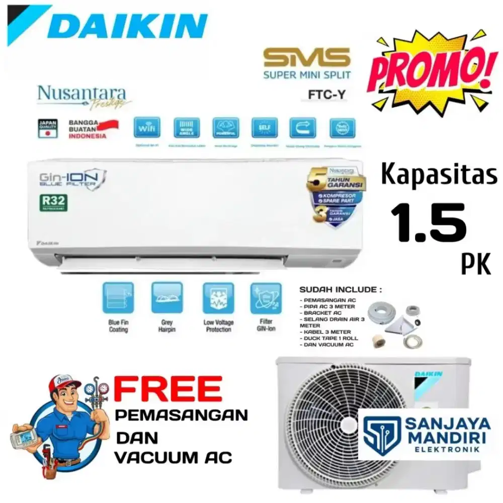 FREE PASANG! DAIKIN AC SPLIT 1.5 PK Standar Super Mini Split FTC35YV14