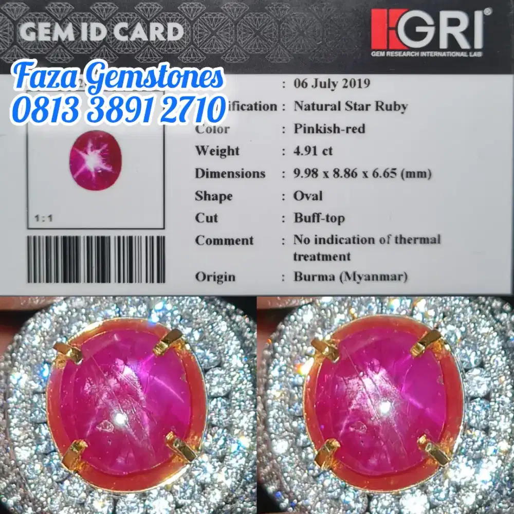 HQ No Heated Star Ruby Burma, Star Bagus, Cukup Christal, hampir 5 cts