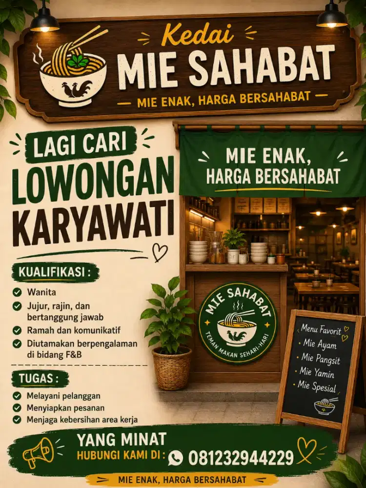 Dicari Karyawati untuk kedaimie
