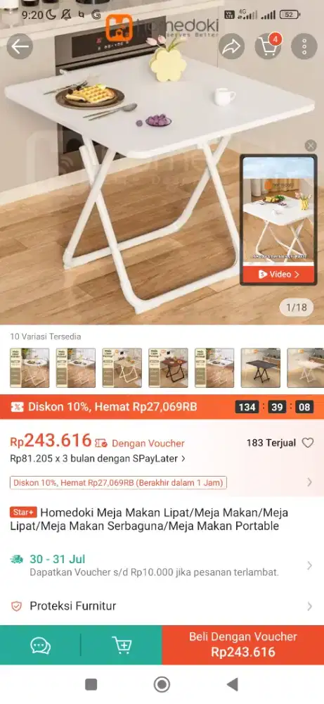 Muraah.. meja makan portable,dgn warna putih susu/abu,cantik & ele
