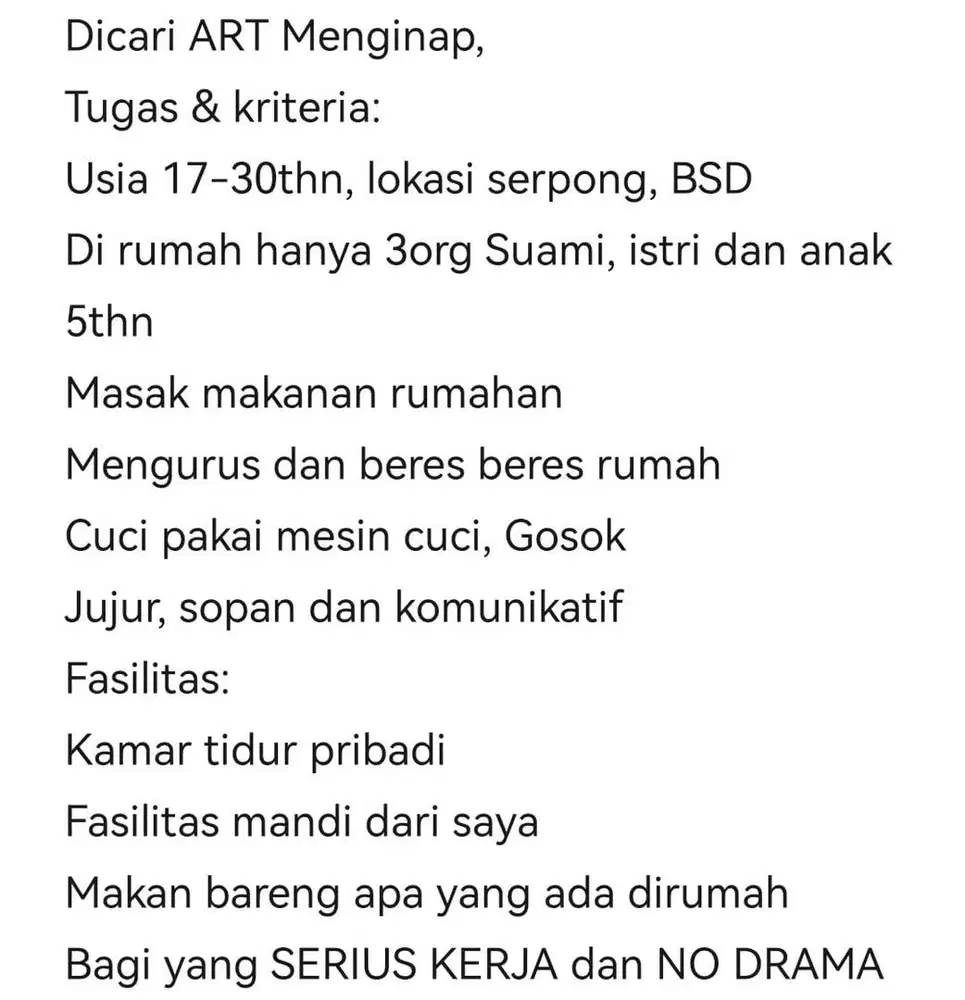 Dicari ART wanita menginap